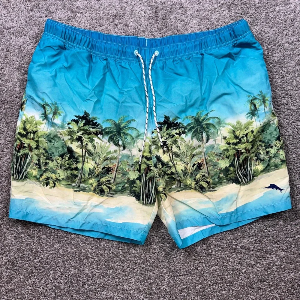 Tommy Bahama Relax Swim Trunks Men Tropical Palm Tree Blue XXL NEW